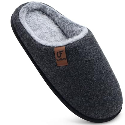 COFACE Mens Warm House Slippers Cozy Memory Foam Scuff Slippers | Slip On Lightweight Felt Bedroom Shoes With Indoor Outdoor Rubber Sole Size 6.5-14