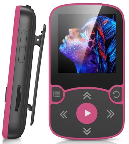 AGPTEK 64GB MP3 Bluetooth 5.3 con Clip, Reproductor MP3 Portátil Deportivo HiFi, Reproductor de Música con Botón de Volumen, Radio FM/Podómetro/Grabador de Voz, Extensible hasta 192GB - Rosa