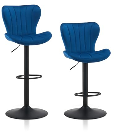 TUKAILAI Juego de 2 taburetes de Bar de Terciopelo, Altura Regulable, Giratorio 360°, Taburete con Respaldo, reposapiés, Marco de Metal, Moderno, Forma de Cuenco, Taburete de Cocina, Taburete para