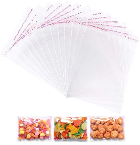 Cellophane Bags 200 Pack 10x6 cm Self Seal Cellophane Bags Clear Self-Adhesive OPP Display Sealable Bags for Cookies, Sweets, Envelopes, Gifts, Cards, Pictures