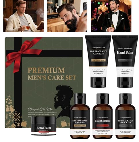 Gel douche - Kit de Noël pour homme - Gel douche nettoyant et hydratant, crème pour les mains, shampooing à barbe et crème pour peaux sensibles, soin de jour et de nuit, cadeau