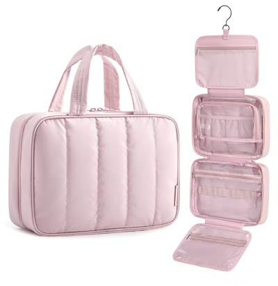 BAGSMART Hanging Travel Toiletry Bag with 360° Hook, Waterproof Wash Bag | Makeup Toiletries Organiser for Full Size Bottle, Travel Accessories for Women, Men, Large Capacity, Puffy, Pink