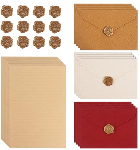 Briefpapier mit Umschlag 44 Stück Briefpapier Set mit 12 Umschläge und 12 Wachssiegel Selbstklebend und 20 A5 Briefpapier Vintage Papier Liebesbrief für Geburtstag Hochzeits Einladung Grußkarten