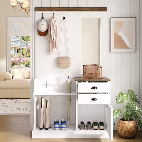 muenfly Garde-robe de couloir avec miroir, tiroirs et porte-manteau | Ensemble de garde-robe pour petits espaces | Garde-robe compacte (110,5 x 191 x 38 cm) en aspect bois avec armoire à chaussures