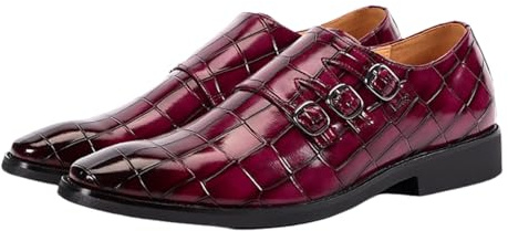 Mocasines De Negocios De Cuero Charol Artesanales Zapatos De Vestir Hombre Vintage con Doble Hebilla For Boda Formal E Informal(Red,41 EU)