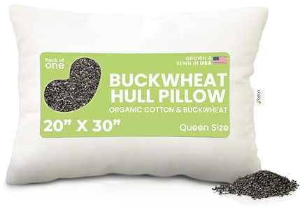 Bean Products Queen Bed Pillow for Sleeping – Organic Buckwheat Fill with Organic Cotton Fabric, Soft Head Pillow – Eco-Friendly, Breathable, and Durable Sleep Aid, Made in The USA, 20 x 30