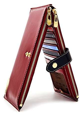 ANDOILT Mujer Cuero Genuino Billetera RFID Bloqueo Tarjeta de Crédito Poseedor Cremallera Carteras Teléfono Celular Bolsa Rojo