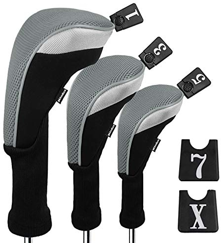 Andux Golf 460cc Driver Kopfhüllen Golfschläger mit langem Hals Holzkopfhüllen 3 Stück Grau