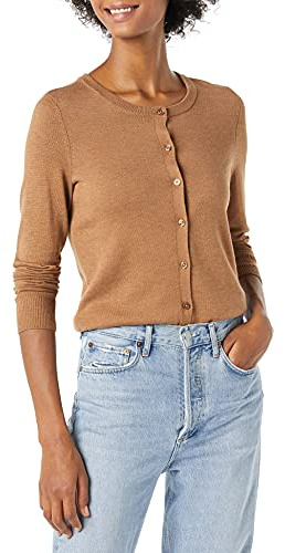 Amazon Essentials Gilet Col Rond Léger (Grandes Tailles Disponibles) Femme, Fauve Chiné, XS
