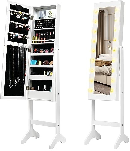 GOPLUS Armoire à Bijoux, Armoire a Bijoux avec Miroir sur Pied avec Lumières LED, Miroir Intégré, Organisateur de Bijoux Verrouillable avec Crochet de Collier, 4 Etagères (Blanc)