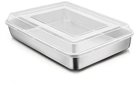 Bandeja para hornear con tapa, Juego de bandejas para hornear de acero inoxidable Joyfair, 23.8x17.8x5cm, Bandeja rectangular para hornear asar almacenar, ideal para pastel / brownie / lasaña
