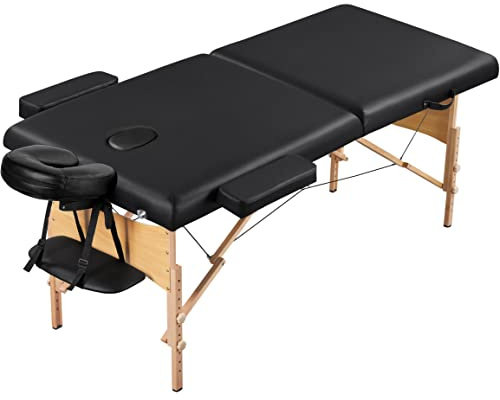 Yaheetech Portable Massage Table 70cm Width 2 Sections Black | Wooden Leg & Premium Foam, Folding Spa Bed, Lightweight Tattoo Therapy Couch, Adjustable Height, 185L × 70W × 64-85.5H cm