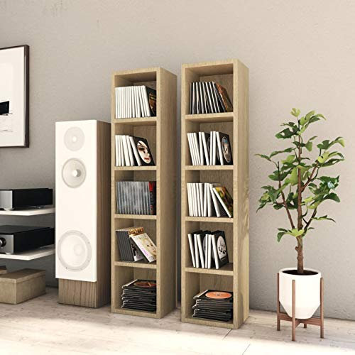 JUNZAI Armoires a CD Bibliothèque Etagère de Rangement Etagère à DVD Livres Bureau Armoires à CD 2 pcs Chêne sonoma 21x16x93,5 cm Aggloméré