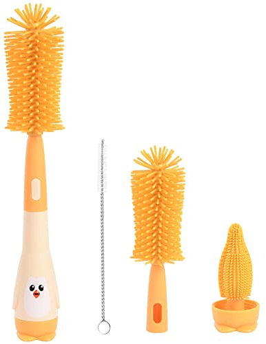 Vicloon Baby Flaschenbürste Set, 3 in 1 Silikon Babyflaschenbürste für Babyflaschenbürste und Sauger, BPA-frei, mit Soft Brush Saugerbürste Strohhalmreiniger(Gelb-Pinguin)