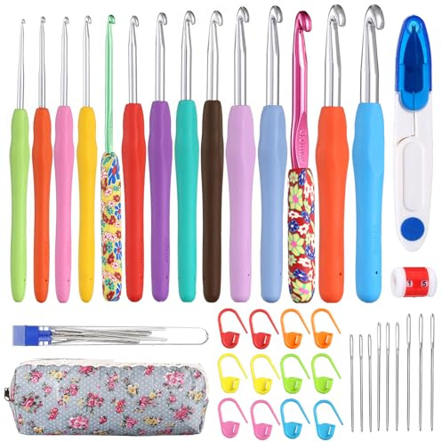 LIHAO Aiguille Crochet Tricot, 38 pcs Kit Crochet Debutant Complet Ergonomique avec Poignées en Caoutchouc à Prise Souple, Cadeau Soeur Mère Fille