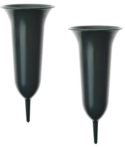 matches21 Zwei wetterfeste Grabvasen mit Erdspieß als Grabschmuck - Grüne Friedhofsvasen Set zum Stecken aus Kunststoff - Friedhof Steckvasen in 11,5 x 26 cm für Blumen Blumensträuße