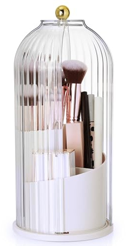 STORICANS Makeup Brush Holder Rotating Organiser with Clear Lid，Sliding Opening Dustproof Makeup Brush Case Make up Organizer Storage for Dressing Table Organiser,Vanity,White