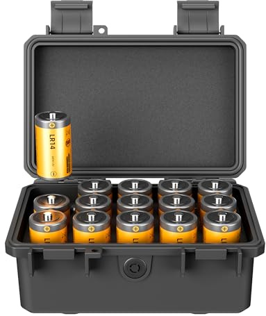 KIWIFOTOS Batterie-Organizer-Aufbewahrungsbox mit Tester, Batteriehaltern, wasserdichte Knopfzellen-Batteriebox, Schublade für Zuhause, Schwarz , For 15 Slots C/LR14/AM2 Battery, Benutzerdefiniert