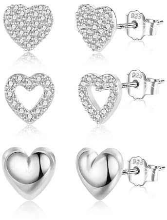 ALEXCRAFT Set di Orecchini Piccoli da Donna con Cuore Argento 925, Orecchini a Bottone, Mini Orecchini a Perno in Cartilagine con Zirconi, Ipoallergenici, Oro 14K Placcato, Piercing Multipli, 3 Paia