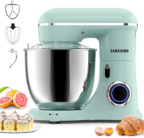 SAMSAIMO 3-IN-1 Electric Stand Mixer, 10-Speed With Pulse Button, Attachments include 6.5QT Bowl, Dough Hook, Beater, Whisk for Most Home Cooks, Agave Green