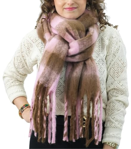 XIFRIKA Bufanda de Mujer para Invierno Tamaño XXL 248x39cm de Cuadros Rosa y Marrón. Bufanda Suave, Cálida, Extragrande. 100% Poliéster con Flecos para Uso Diario