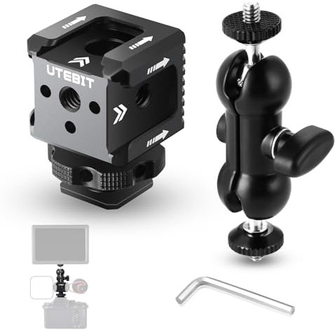 UTEBIT Soporte de Zapata Fría de 3 Puertos con Adaptador de Montaje de Zapata Caliente para Cámara, 360° Giro Doble Cabeza de Bola Brazo Mágico con Hilo 1/4-20 para Monitor Micrófono LED Flash Luz