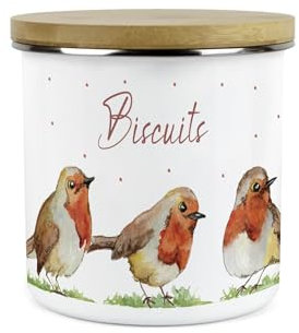 English Robins Small Biscuits Storage Canister - British Garden Birds Gifts - 1.2L White Metal Enamel Food Storage Container