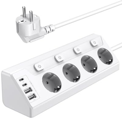 Vipwell Ecksteckdose mit Unabhängigem Schalter, Steckdosenleiste Mit 4 USB (2 USB C)+4 Fach Steckdose Mit Kindersicherung, 3680W, 2M Verlängerungskabel für Küche, Büro, Haushalt (Weiß)