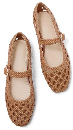 USIMAD Woven Mesh Ballet Flats for Women Square Toe Womens Comfortable Buckle Strap Ballerina Flat Shoes Mesh Dress Flats 6.5 Brown