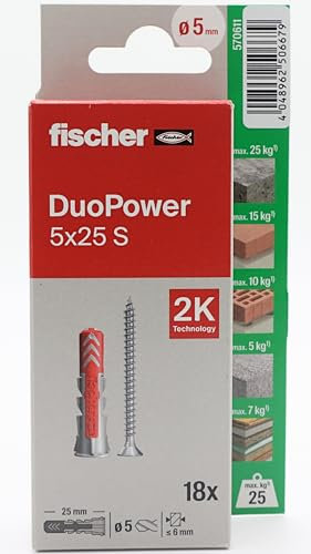 fischer - Duopower 5x25 Con Tornillo - 18U, Tacos para pared multimaterial, sirven para Colgar Bicicletas, Cuadros, Armarios, Soportes de Televisión, Estanterías, Muebles.