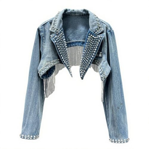 HGKPFGTG Kurze Jeansjacke für Damen Trendiger Langarm-Jeansmantel mit Strasssteinen und Nieten Blauer Jeans-Bolero mit Fransen,Blau,One Size