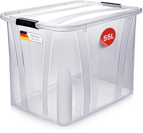 KONZEPT Aufbewahrungsbox 55 L mit Deckel – transparente Kunststoffbox, stapelbar, BPA-frei, verstärkter Boden, robuste Verschlussclips – ideal für Küche & Haushalt