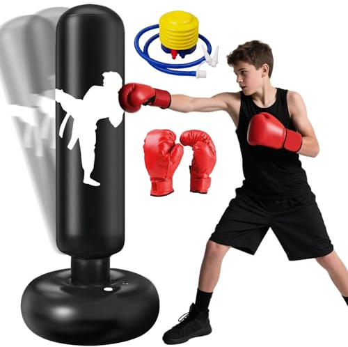 Ninonly Sac de Frappe Enfant 160cm avec Gants et Pompe Punching Ball Enfants pour Karaté Taekwondo Idéal pour Garçons et Filles de 3 à 12 Ans Punching Ball Bureau Parfait pour Maison Gym Noir KO