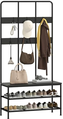 HOMCOM Appendiabiti da Ingresso 3 in 1 con Scarpiera, Attaccapanni Stile Industriale con Panca, 6 Ganci e 2 Ripiani Porta Scarpe, 91x36x180 cm, Nero