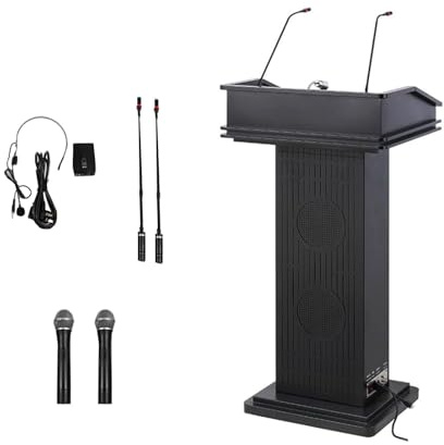 Yadlan Rednerpult mit Lautsprecher, Podium-StäNder Rednerpult mit Zwei Drahtlose Mikrofone, Zwei Fest Installierte Mikrofone, Podiumstisch Rednerpult Podien für Kirche, BüRo, Schule