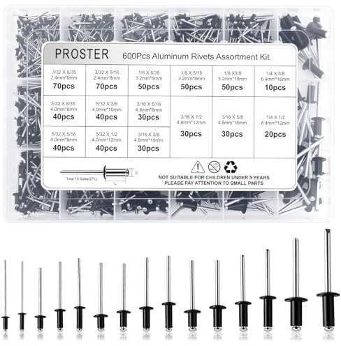 Proster 600 Rivetti in Alluminio Neri Assortiti – 15 Misure da 2.4 a 6.4 mm (2.4x6/8, 3.2x6/8/10, 4.0x6/8/10/12, 4.8x8/10/12/16, 6.4x10/16) Kit Blind Rivets per Fai da Te e Auto