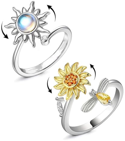 Hifot Anillo Antiestres Mujer Plata Ajustable Anillo Antiestres Giratorio, Ansiedad Anillos Sol Cristal Girasol y Abeja, Regalos para Mujeres Niña Hombre 2Pcs