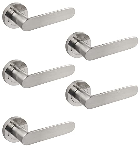 Emuca - Maniglie porta interna, set di 5 coppie di maniglie per porta da interno con rosetta D.50 mm, Alluminio, Nickel satinato.