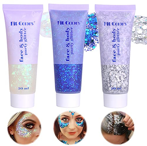 Miioto Purpurina Cara, Maquillaje Festival, Purpurina Polvo, Glitter para Ojos, Gel Brillo Corporal, Glitter Cara Gel, Body Glitter Gel, El Pelo, Maquillaje, Halloween, Niños, Festival, 3 Colores (A)