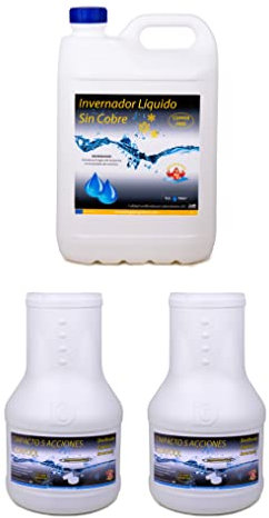 Kit invernaje Piscinas Grandes 2 DOSIFICADORES INVERNADA AQUAPOOL 4 KG + INVERNADOR LÍQUIDO SIN Cobre 5 litros - Tratamientos sin Cobre - Apto Piscinas Liner