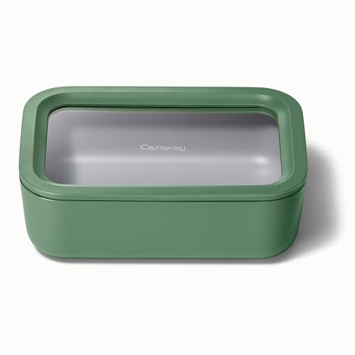 Caraway Glass Food Storage Container, 6.6 Cup, Ceramic Coated, Non-Toxic, Non-Stick Lunch Box With Lid - Easy to Store, Dishwasher and Oven Safe, Square Shape, Sage
