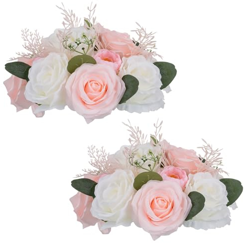 NUPTIO Centres de Table en Fleurs Artificielles: 2 Pièces 24cm Diamètre Fausses Fleurs Roses Rose & Blanc Composition Boules Soie Faux Bouquet Mariage pour Maison Décorations Fête d'anniversaire