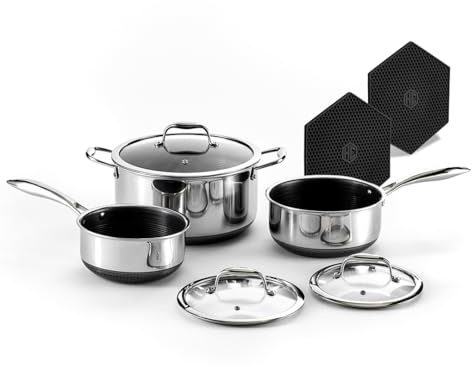 HexClad Hybrid Nonstick 6-Piece Pot Set with 2 Silicone Trivets, 2, 3, and 8-Quart Pots with Tempered Glass Lids, Stay-Cool Handles, Dishwasher-Friendly, Induction Ready, Compatible with All Cooktops