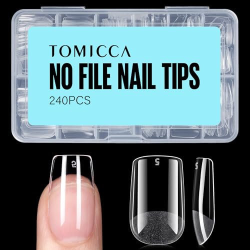 TOMICCA 240 Pièces Capsule Americaine Ongle, 15 Tailles Faux Ongles, Carré Court Transparent Couverture Complète, Avec Valise De Rangement, Pose Americaine Capsule pour Diy Nail Art