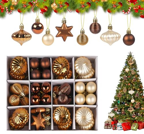 52 Stück Weihnachtskugeln Kupfergold Set, 3-5CM Weihnachtsbaum Kugeln Kunststoff mit Schlüsselband und Aufbewahrungsetui, Christbaumkugeln Outdoor für Neujahrsparty Hochzeit Weihnachtsbaumschmuck