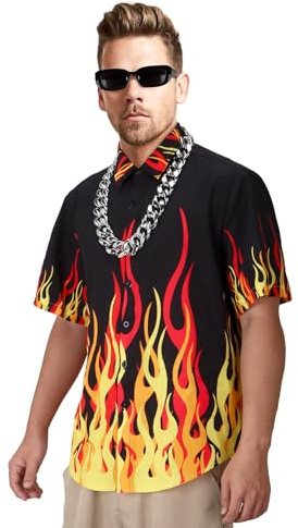 Funhoo Guy Chef Bouton Flamme Chemise Collier Lunettes Costume Halloween Set Cosplay Manches Courtes T-Shirt (Noir, S)