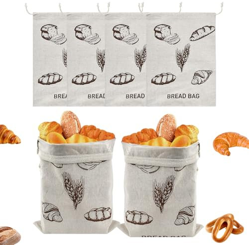 YBCCBY Lot de 4 Sac à Pain Réutilisable 40*30CM Sacs à Pain en Lin avec Cordon de Serrage Sac A Pain Tissu Sac à Pain Conservation Sac à Pain en Coton Lin Cordon pour Pain, Baguette, Fruits, Légumes