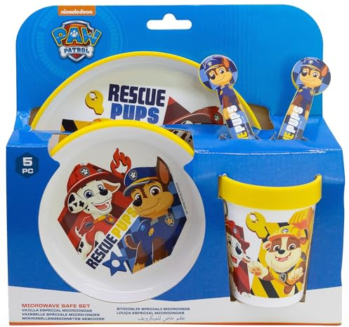 STOR Set de Vaisselle Enfant Pat' Patrouille avec Base Antidérapante, Assiette, Bol, Gobelet 260ml et Couverts, Compatible Micro-ondes, Sans BPA