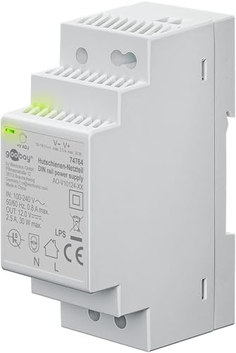 Alimentation sur rail DIN goobay 12V / 30 Watts - Pour transformateur de sonnette, systèmes de surveillance et d'accès, montage facile sur rail DIN, protection contre les surtensions, 74764