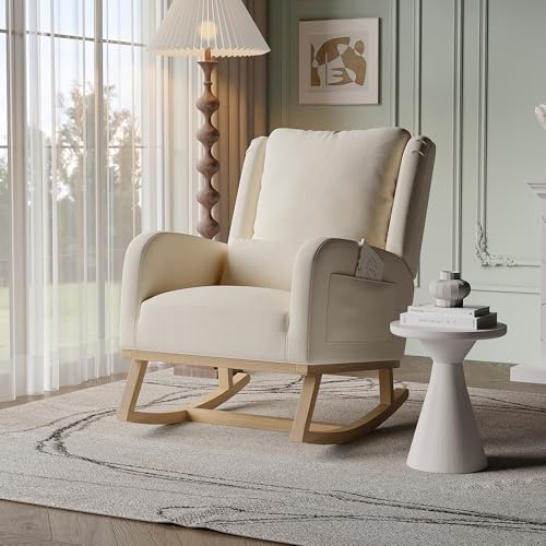 TIMORWTF Silla mecedora, Silla mecedora para interiores de la sala de estar, Silla mecedora con cojín lumbar, Sillón de lactancia de tela de lino con patas de madera maciza, beige